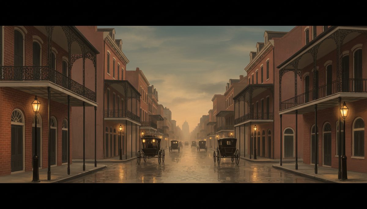 A 1900s-era streetscape illustration of New Orleans's Storyville district at dusk.