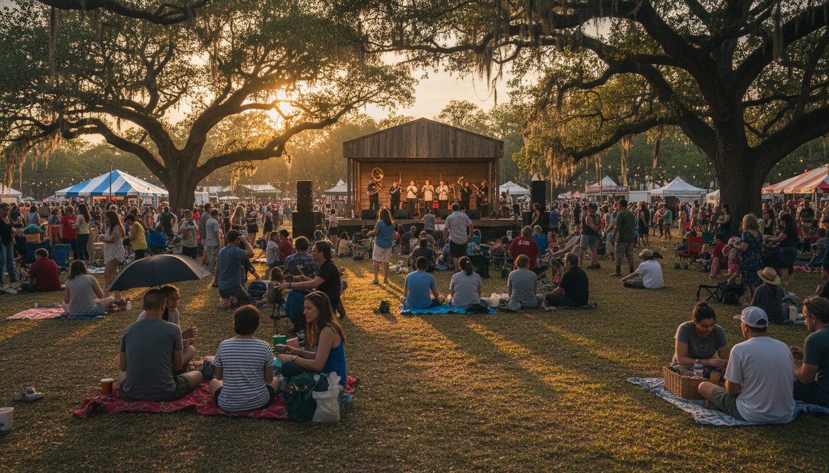 A New Orleans Jazz & Heritage Festival scene at the Fair Grounds.