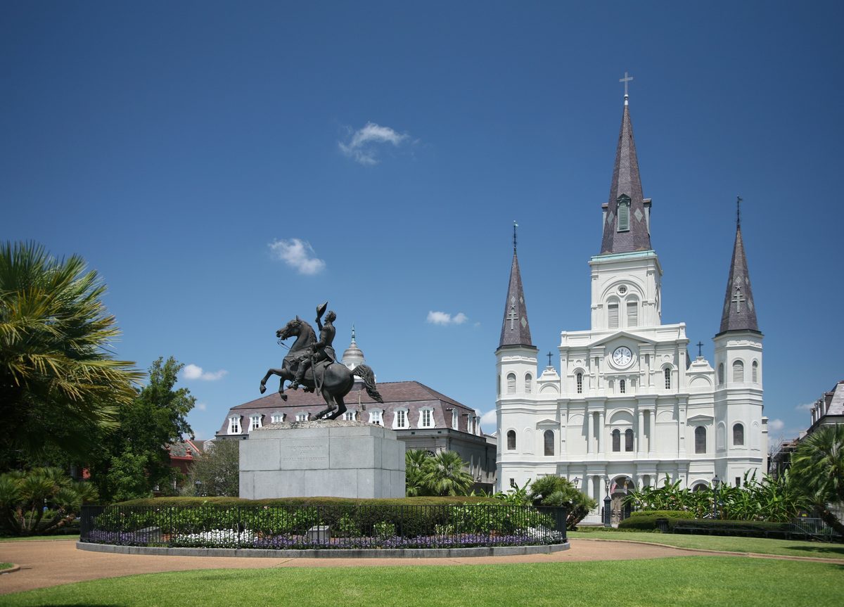 An aerial view of Jackson Square, the historic central plaza of the French Quarter.